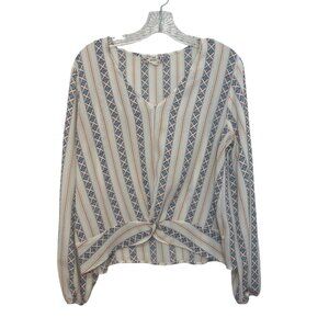 Pink Republic Vertical Striped Long Sleeve Blouse Womens Large Ivory Vneck